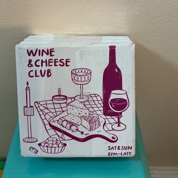 Joie Other - Joie Wine and‎ Cheese Club Ceramic Coasters Set of 6 Cork Backed White Burgundy